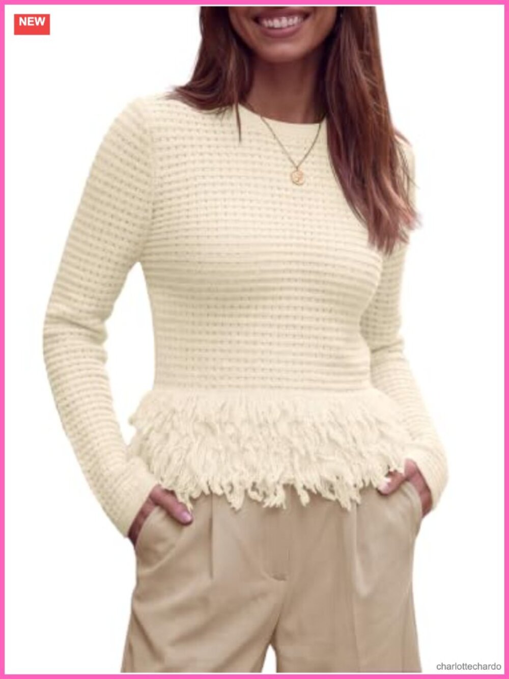 Boho Crochet Fringe Crew Neck Pullover Sweater for Women